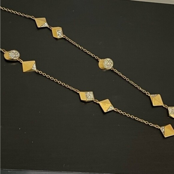 J.Crew Pave Rhinestones Gold Tone Long Necklace Lobster Clasp - Picture 2 of 5